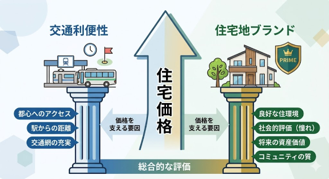 「交通利便性だけでなく住宅地ブランドが価格を支える」概念図