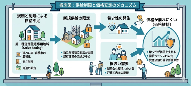 「供給が増えにくい住宅地はなぜ価格が崩れにくいか」の概念図 