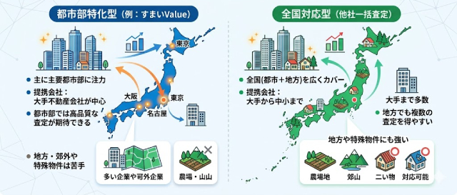 「都市部特化型 vs 全国対応型」の比較図
