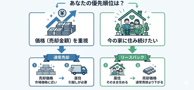 価格重視なら通常売却、居住継続重視ならリースバック