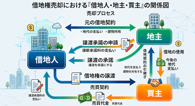 借地権売却における借地人・地主・買主の関係図