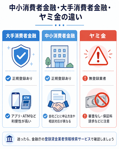 大手消費者金融・中小消費者金融・ヤミ金の違いを比較