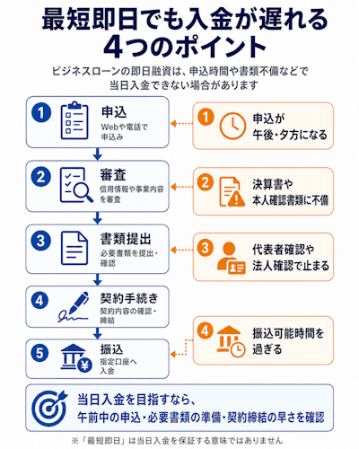 ビジネスローンの最短即日融資で入金が遅れるポイント
